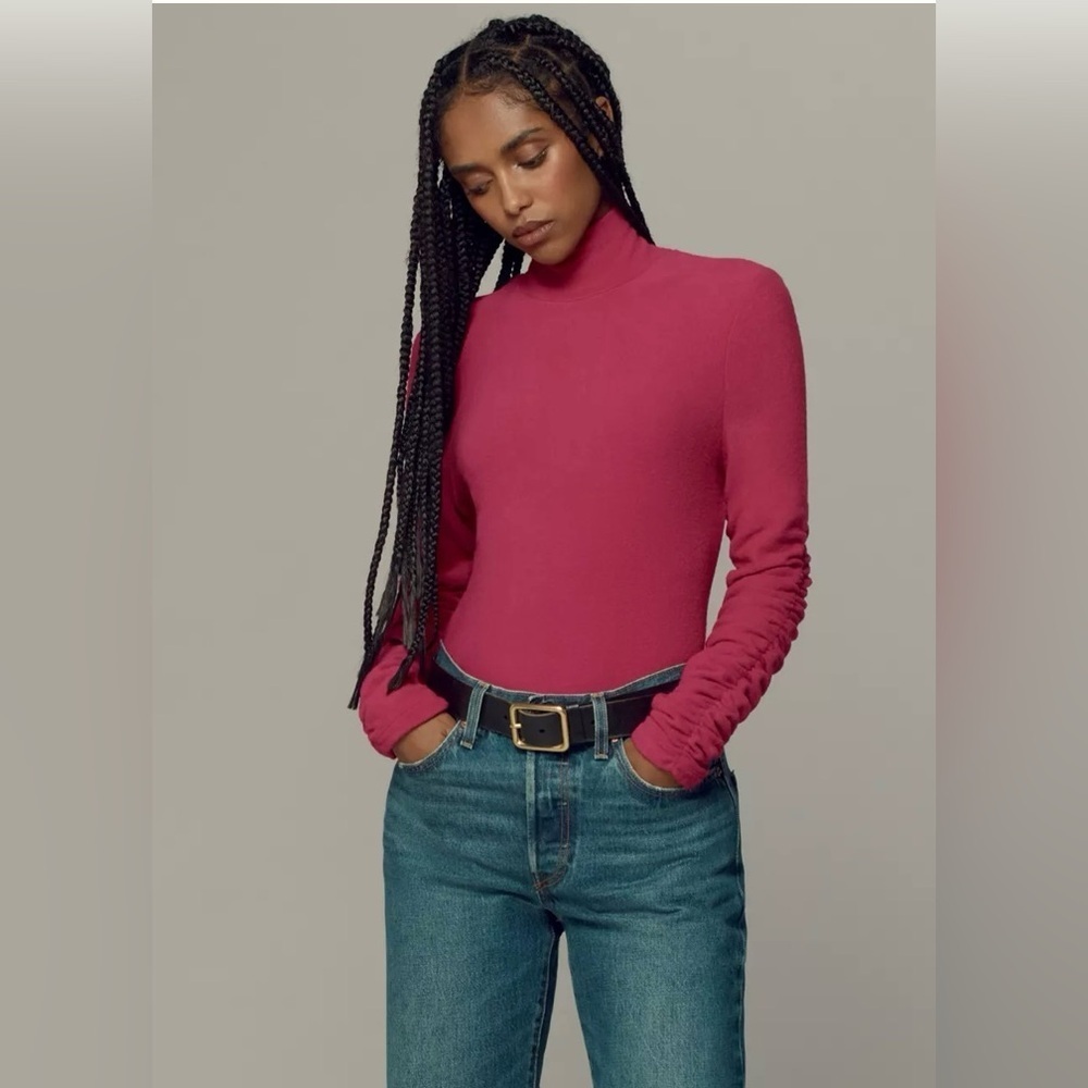 Anthropologie Pink Turtleneck Ruched Sleeve Top XXS - Picture 3 of 11
